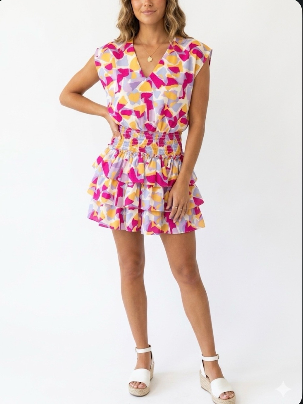 Adrienne Abstract Print Ruffle Mini Dress Women’s Medium – Bright Colors